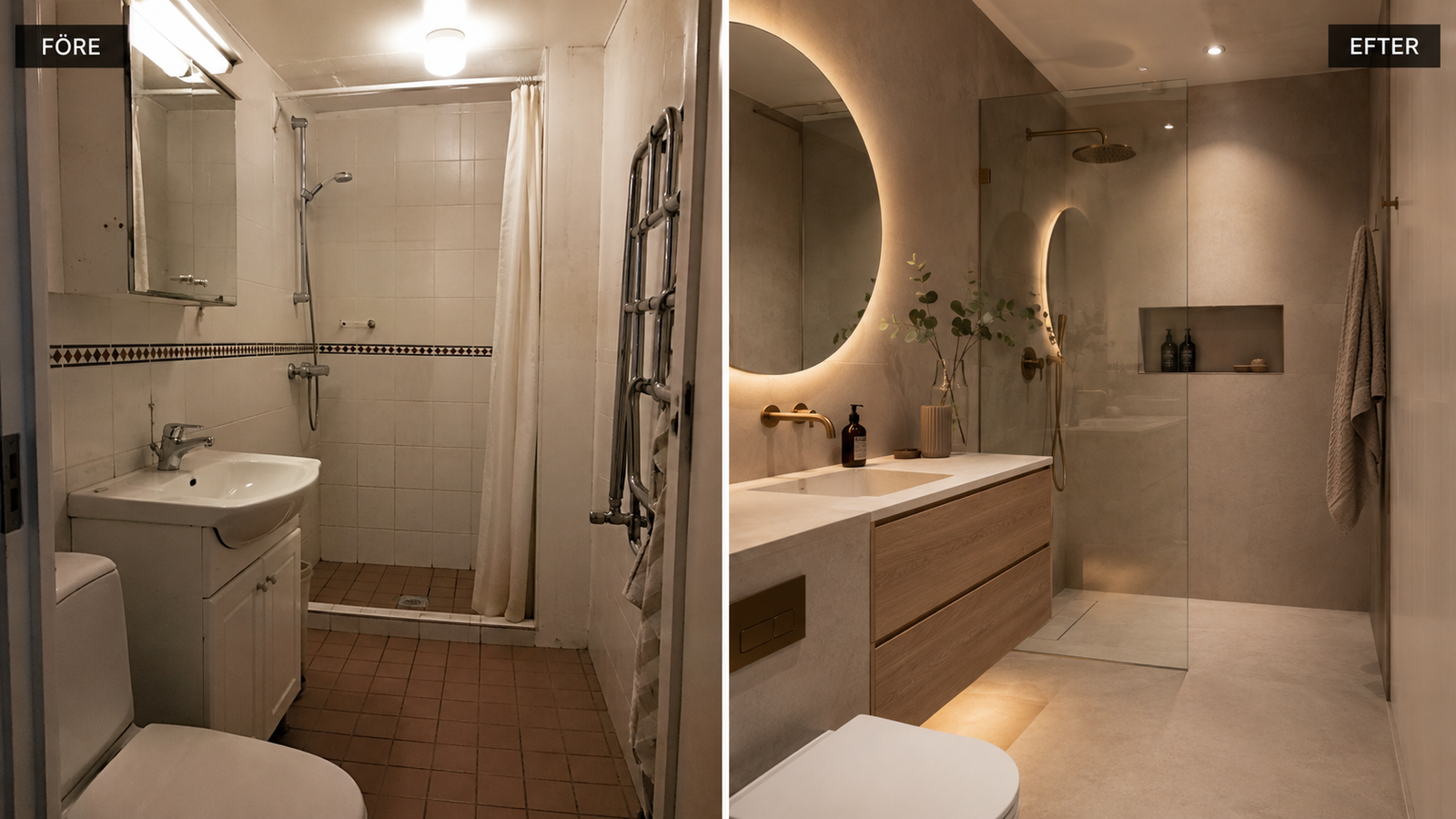 Before and after image of a bathroom renovation