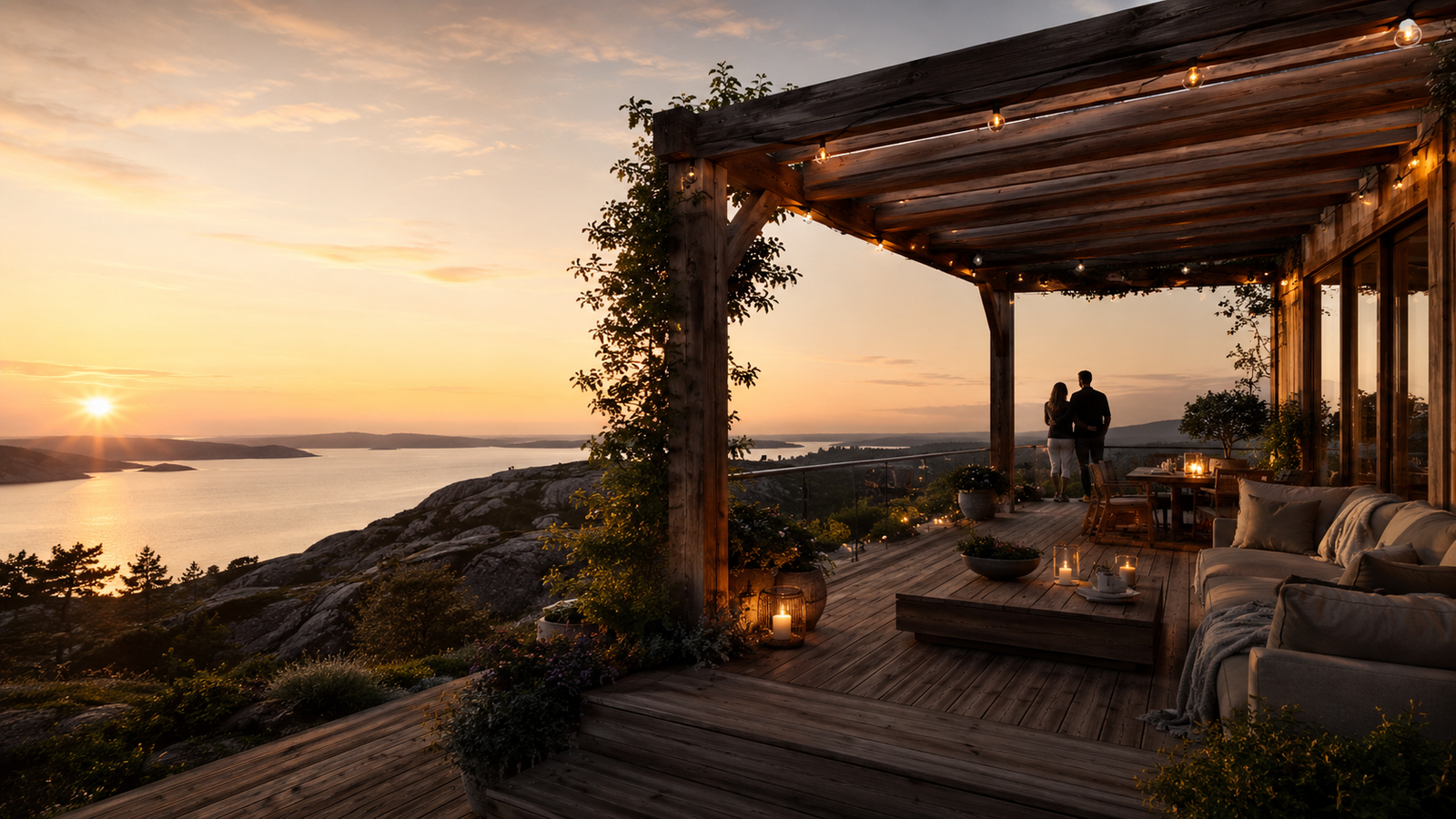 Finished pergola terrace with seating and a wide sunset view
